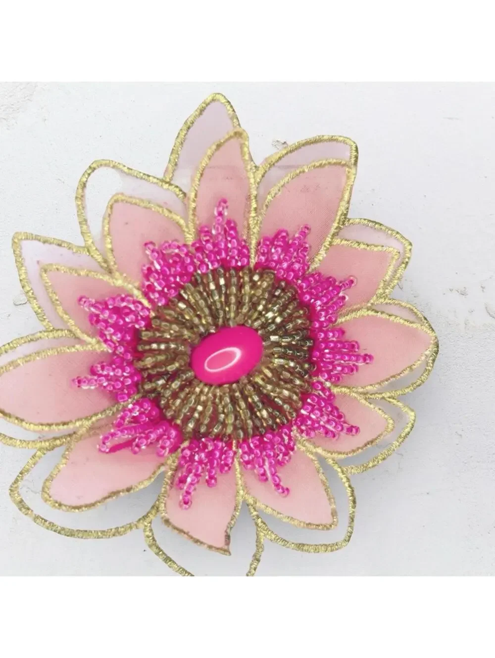 7261. Handmade Pink and Gold Beaded Flower Brooch